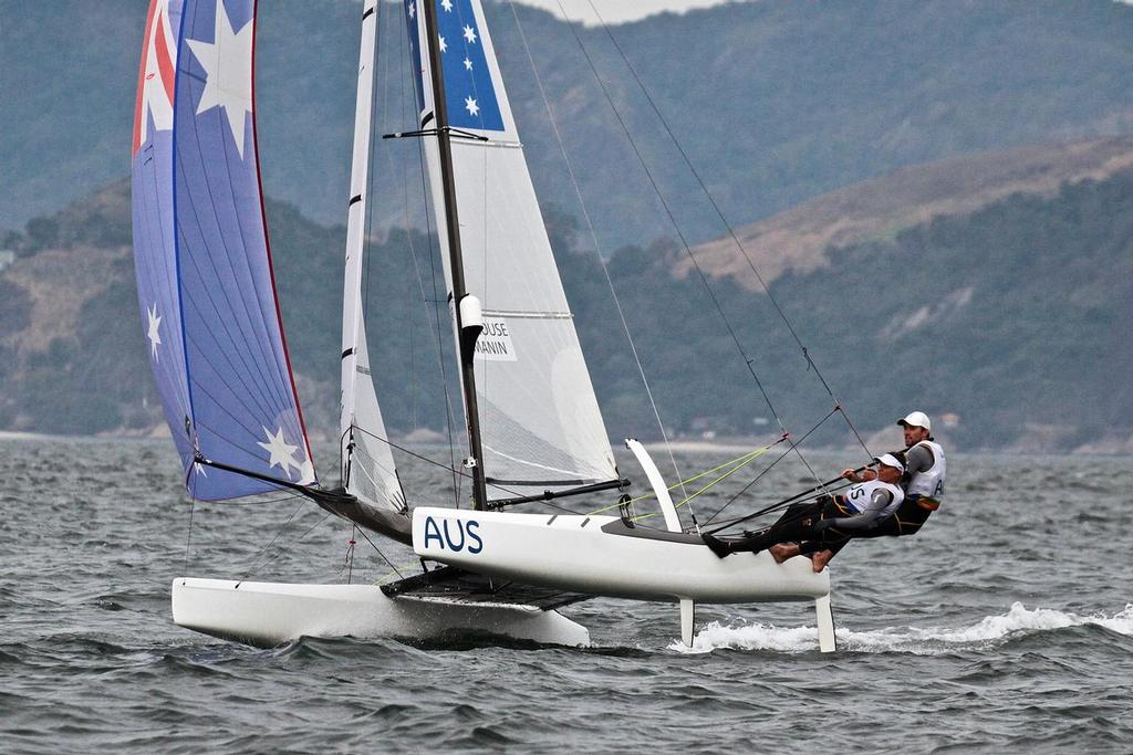 Jason Waterhouse and Lisa Darmanin (AUS) about to cross the finish line in the Nacra 17 Medal race. Summer Olympics 2016  © Richard Gladwell www.photosport.co.nz